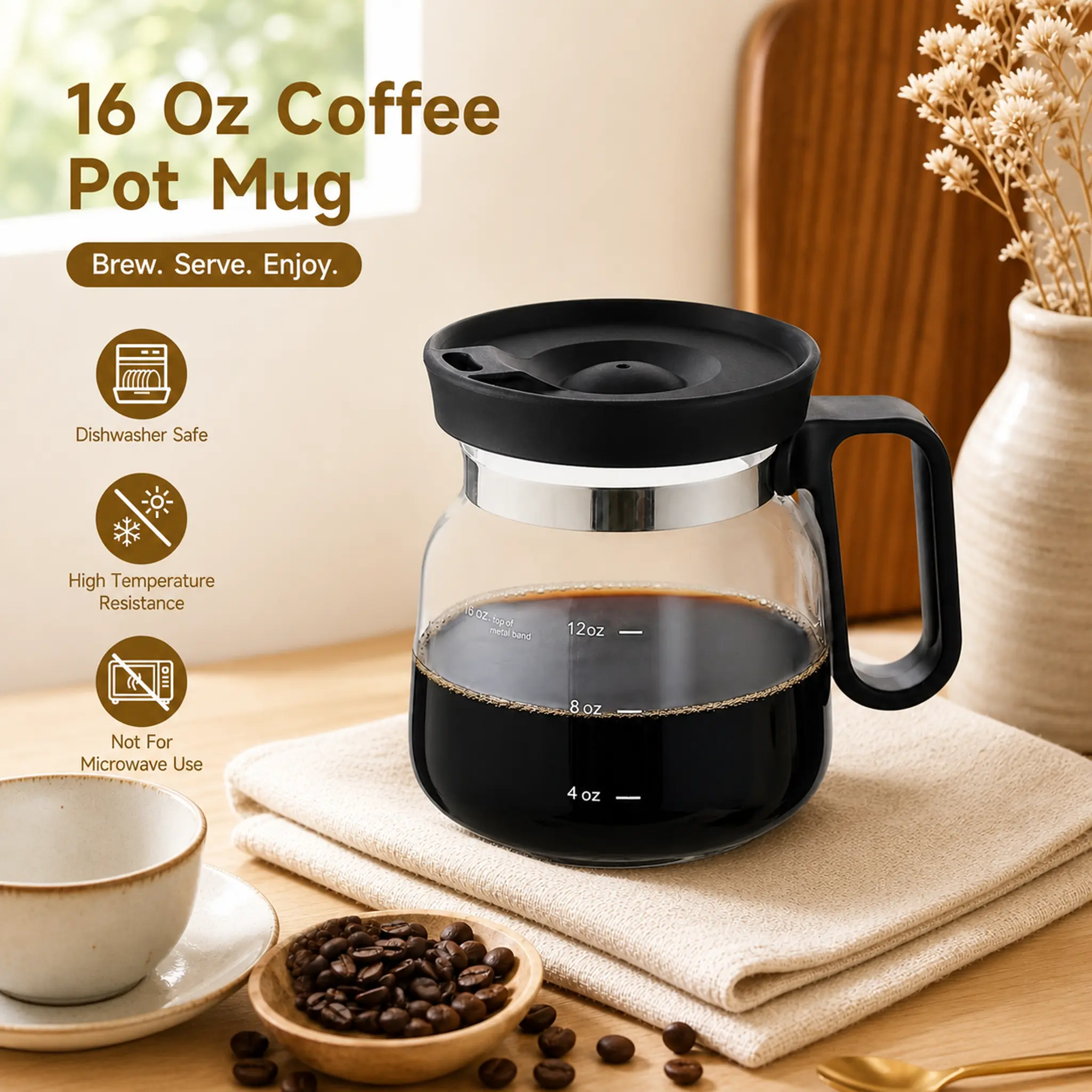16oz Mini Coffee Pot Mug with Lid, Aesthetic Borosilicate Glass Coffee Server Carafe, Dishwasher Safe Coffee Maker Pot