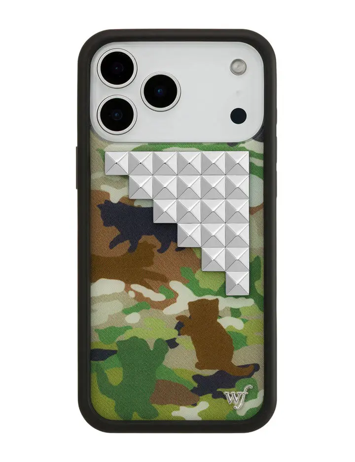 Cat Camo Studs | Limited Edition Trendy Collab iPhone Case | Raised Protective Black Bumper | Women Owned Small Business | Black Brown Green White Cat Figures in Camouflage | Safety Casing Protective | Gift for Her