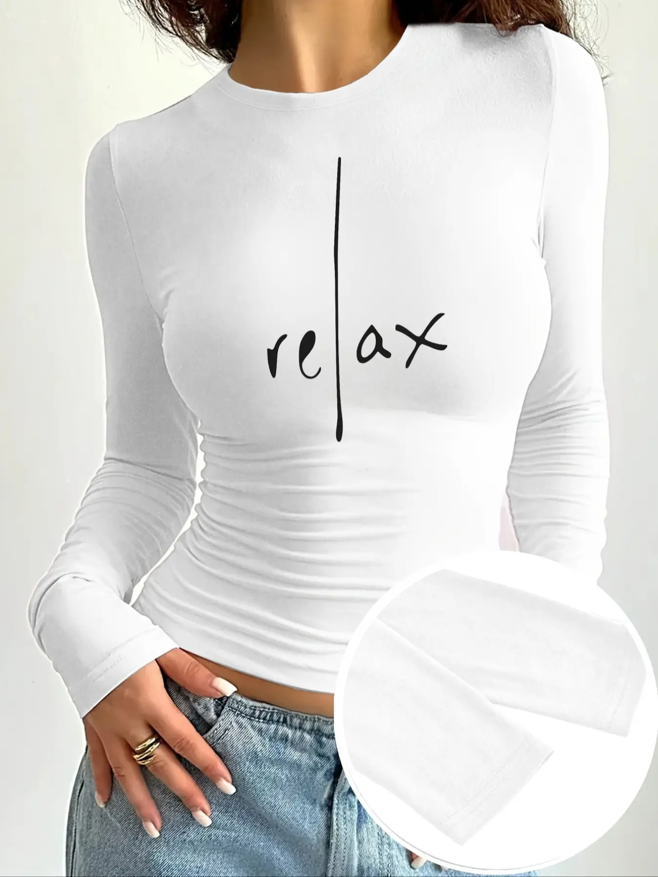 Women's Plain Round Neck Long Sleeve Basic Tee, Top, Casual Style Solid Crew Neck T-shirt for Daily Wear, Everyday, Ladies Clothes for All Seasons, Casual Everyday Tops