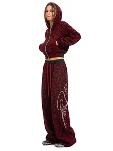 FDR Red Leopard Print Wide Leg Pants, Double Waistband Drawstring Casual Pants