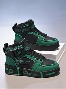 Men's Fashionable Letter Print Lace Up Mid Top Sneakers, Casual Comfortable Sports Shoes for Daily Wear, Male All-match Round Toe Shoes for Daily Wear