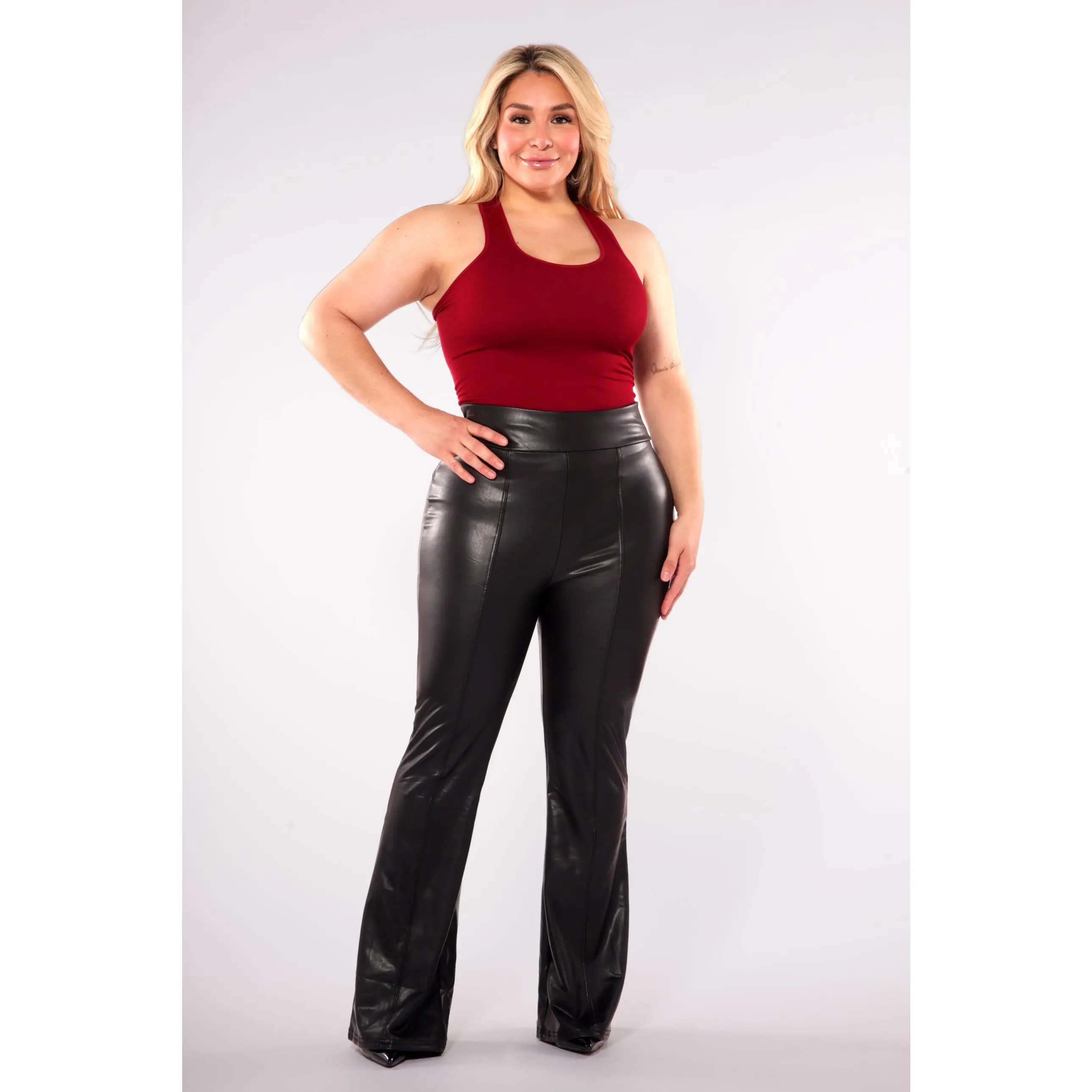 Plus Size High Waist Sculpting PU Faux Leather Flare Pants - Black