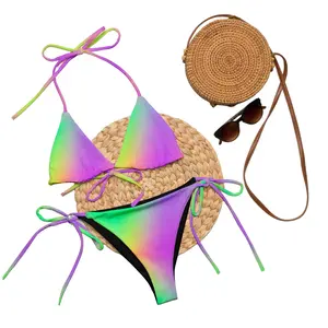 Mardi Gras Vibes Bikini Ombre Gradient Halter Triangle Top High Rise Side Tie Cheeky Bottoms Neon Purple Green Glow Sexy Women Swimsuit