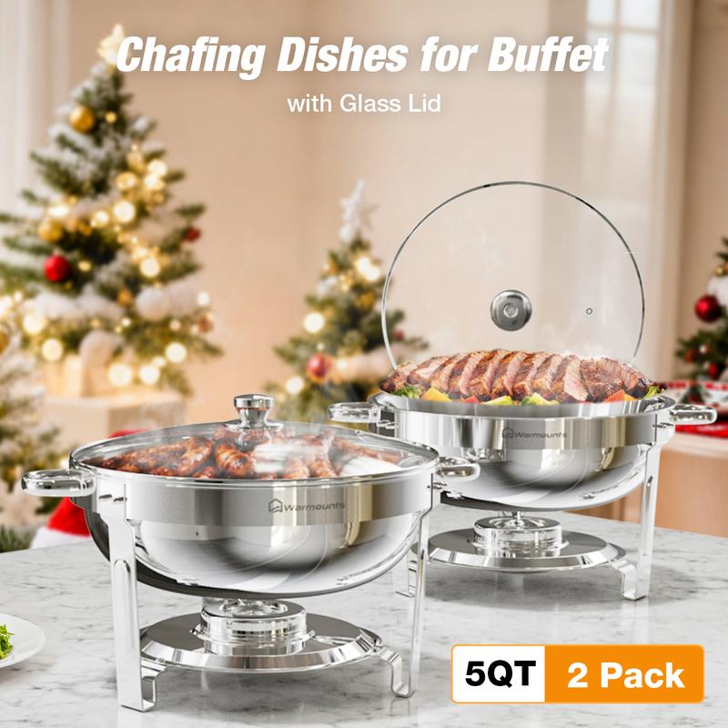 【Holiday Season】WARMOUNTS Round 5QT Chafing Dishes for Buffet with Glass Lid (2/4/6-Pack) | Chafers and Buffet Warmers for New Year‘s Party & Winter Gathering | Wedding & Catering