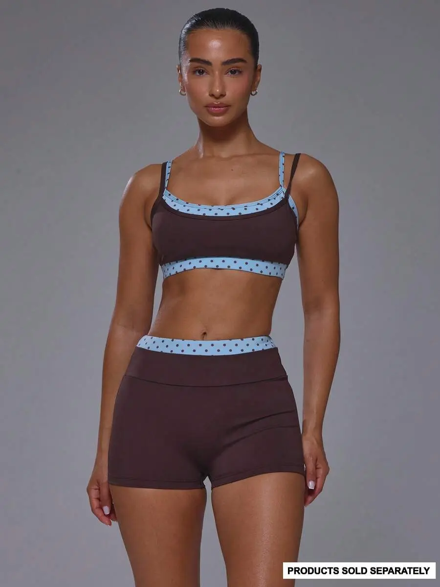SLAYFIT Sport Double Layered Contrast Colour Blue Polka Dot Scoop Neck Strappy Adjustable Sports Bra Coord Top Only Sport Workout Gym Cute Pilates Fitness Daily