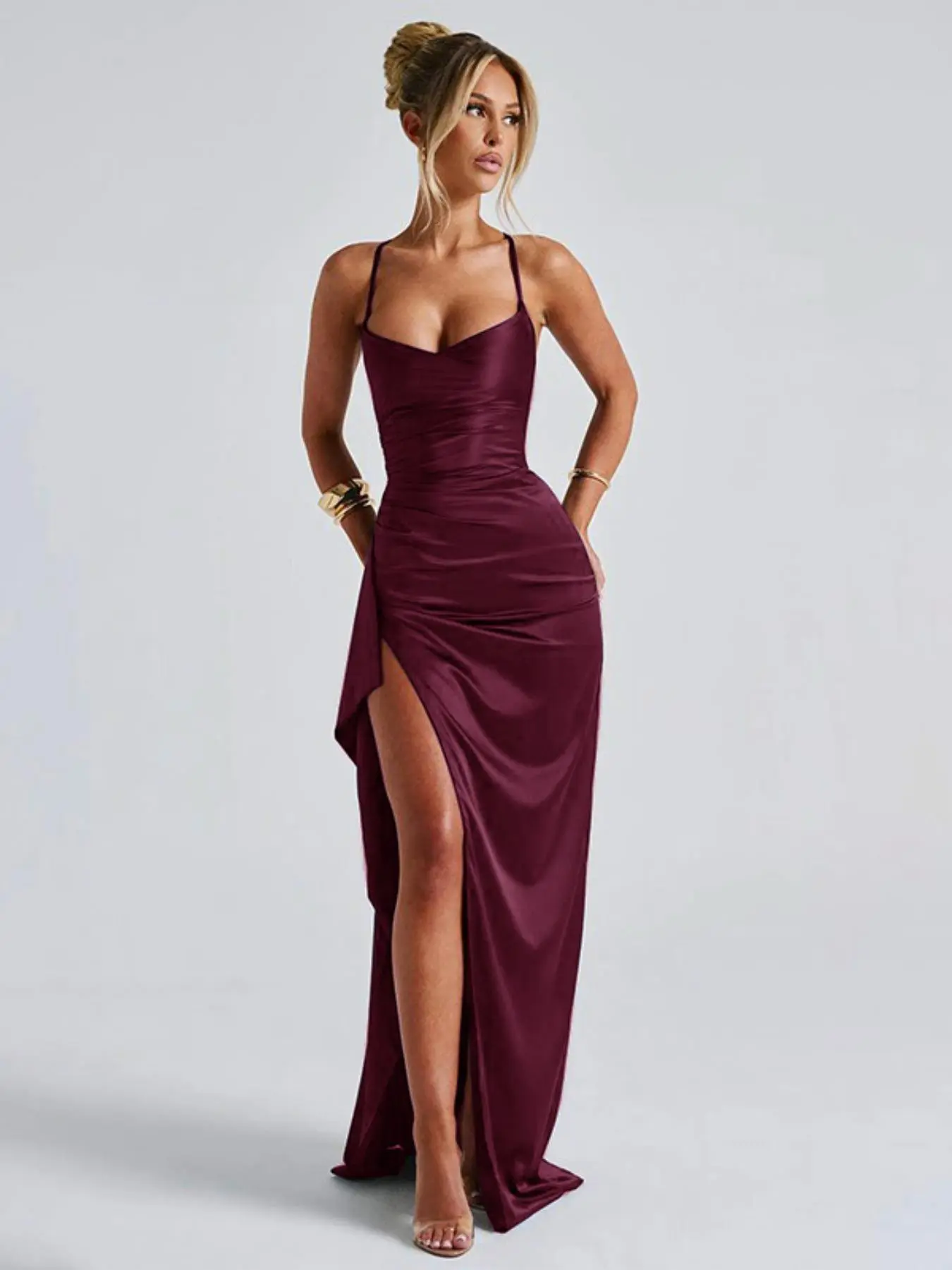 Women's Plain Ruched Criss Cross Split Thigh Bodycon Side Slit Cami Dress, Elegant Sleeveless Zipper Back Maxi Dress for Party Club Dating, Formal Dresses, Ladies Summer Clothes - TikTok Shop Women's Plain Ruched Criss Cross Split Thigh Bodycon Side Slit Cami Dress, Elegant Sleeveless Zipper Back Maxi Dress for Party Club Dating, Formal Dresses, Ladies Summer Clothes - TikTok Shop
