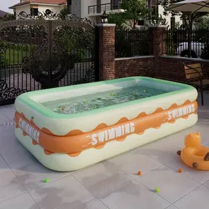 Rectangular inflatable swimming pool, equipped with inflatable foot pump, is convenient for storage. It is necessary for outdoor water parties in backyard garden in summer and suitable for off-season.