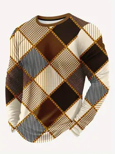 Men's Casual Fashion Long Sleeve T-Shirt, 3D Checkered Pattern, Fitted Style, All over Print, Perfect for All Seasons, Comfortable Wear