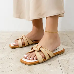 PIFLY Woven Square Toe Flat Sandals for Women Cute Summer Beach Slides Everyday Slip-Ons Comfortable Flat Design Versatile Shoe Girl