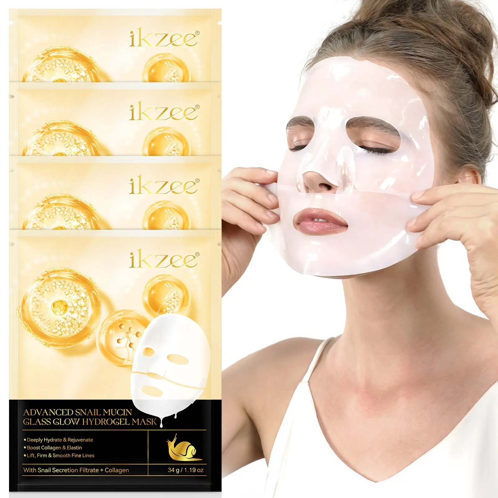 ikzee Advanced Snail Mucin Glass Glow Hydrogel Mask, Collagen deep-layer membrane, night hydrogel mask, moisturizing and hydrating, essential daily skincare product