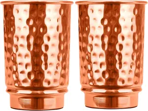 Pure Copper Hammered Drinking Cups - Ayurvedic Tumblers – 2 pcs. set -LACQUER Free (11.8 US Fl Oz) Traveller's Copper Cups for Ayurveda Benefits (Hammered)