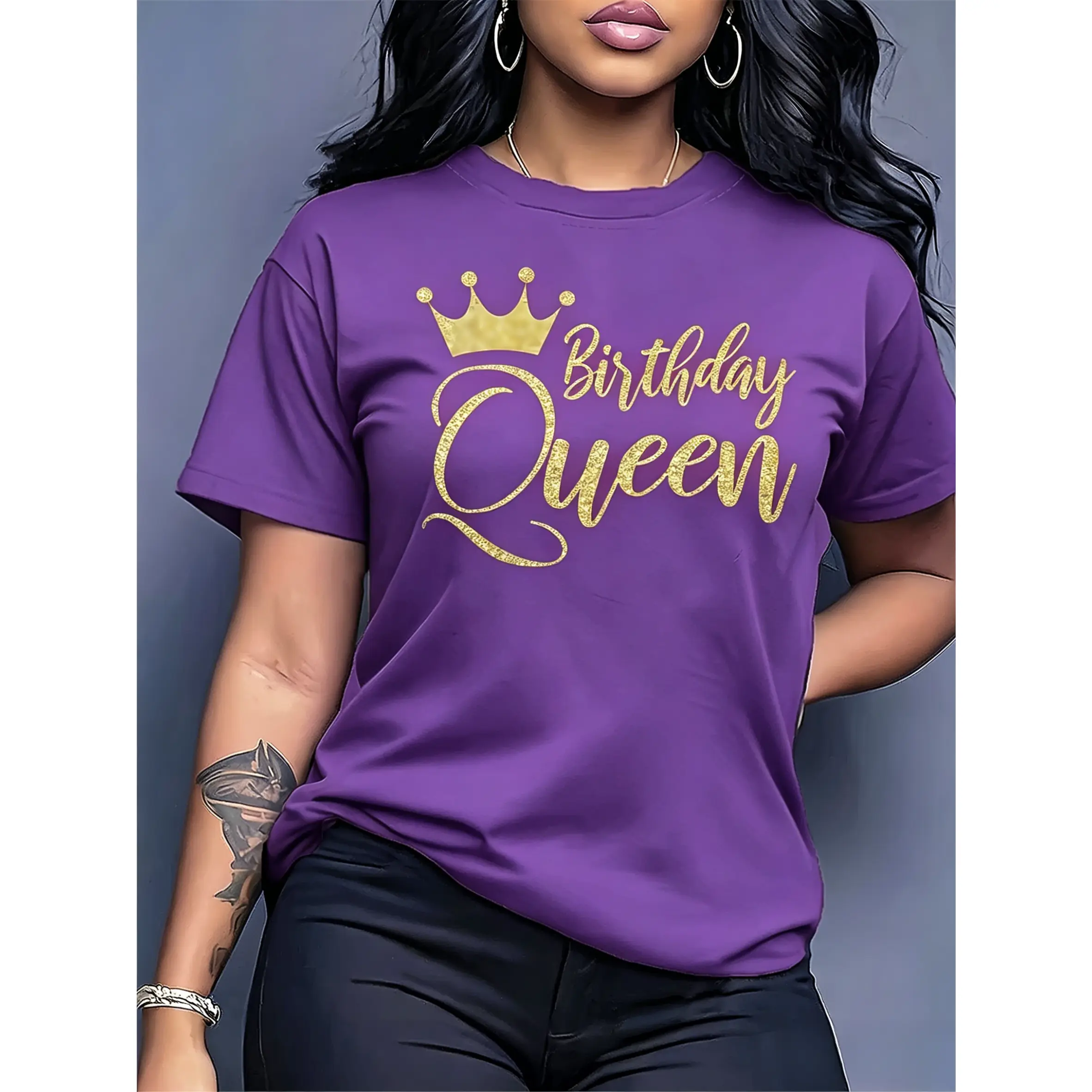 Women's 100% Cotton Simple Fit Shortleeve Graphic Tee - Round Neck, Digital Print Faux Sparkling Crown, Casual Ootd Summer Top for Commuting, Vacation, Shortsleeve, Fabric