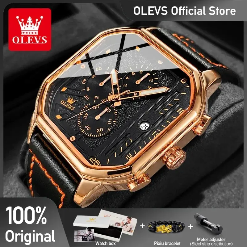 OLEVS 9950 Men's Watch - Square Sport, Waterproof, Leather Strap, Stopwatch, Backlight