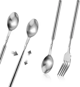 2 count Extendable Fork & Spoon, 8.7 to 25.5 Inch Adjustable Telescopic, Retractable Long Stainless Steel Extended Fork for Fruit, Dessert, BBQ