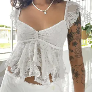 Women Summer Sexy Lace Floral Crop Top Tanks Sleeveless Square Neck Ruffled Crop Camisole Y2k Going Out Mini Lace Tops V Neck Lace Double Layered Lotus Edge Tops