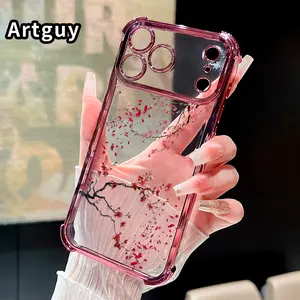 Cherry Blossom Dance Pattern Four Corner Anti-Fall Phone Case Transparent Electroplated Protective Cover for iPhone 17 16 Pro Max 15 Plus 14 13 12 11 Air E