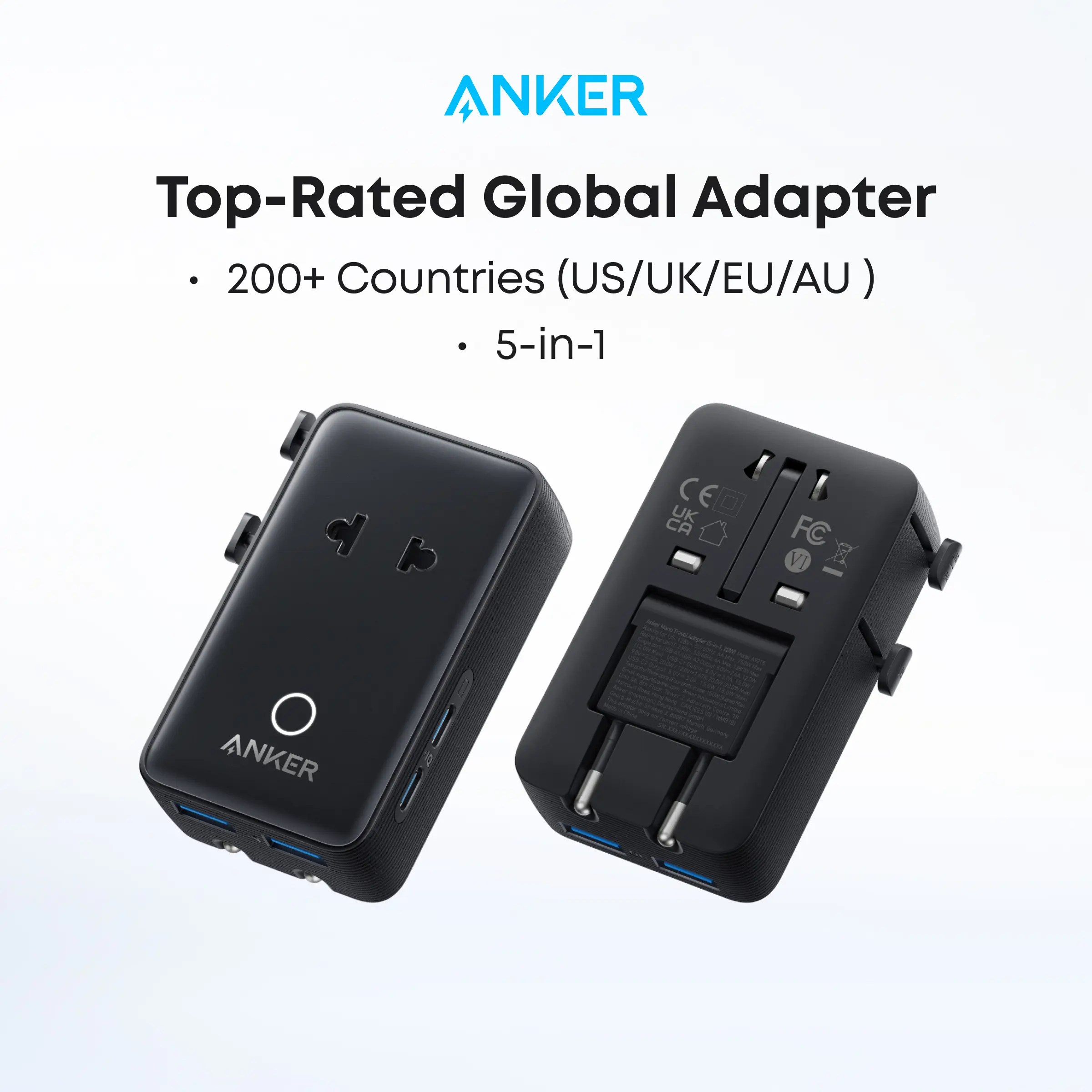【Universal Travel Adapter Charger】Anker Nano Adapter Compatible with 200+ Countries, EU/US/UK/AU Plugs，5-in-1 2 USB-C 2 USB-A 1 AC，Perfect for International Travel,summerwins,FathersDayGift