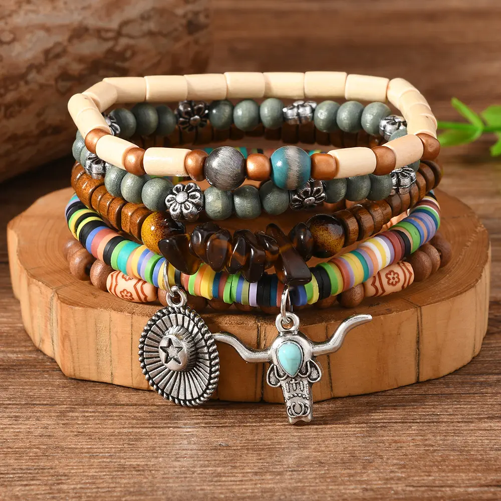 Men's Western Bohemian Bracelet Set - 5-Pack Adjustable Stretch Mixed Materials Stackable Bracelets with Bull Skull, Star Charm, Wood & Stone Beads, Rainbow PU, for Casual Party Wear
