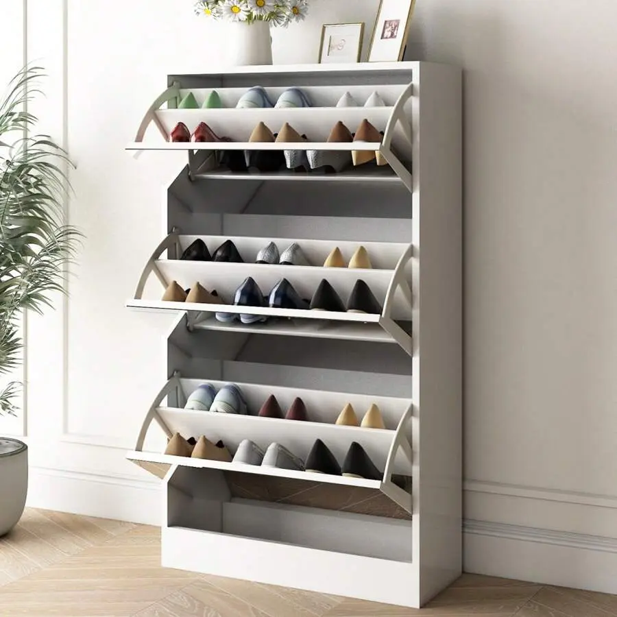 Shoe Cabinets Storage With Mirror,3 Tier Shoe Rack Flip Drawers Organizer,To Store 18-24 Pairs Of Shoes,For Home Living Room,Apartment, Indoor Furniture Freestanding Mirrored Wardrobe