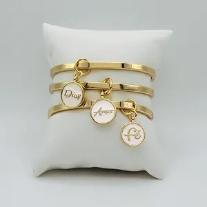 Gold Plated 14k Plain Bangle with Charms Dios, Amor, Fe - Unisex Design, Daily Wear, Lightweight Metal Coating, Casual Accessory
