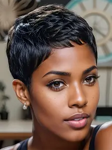 150% Denisty pixie cut human hair full machine wigs short burgundy  natural black color straight layered pixie wig for women  daily party cosplay use wig machine made