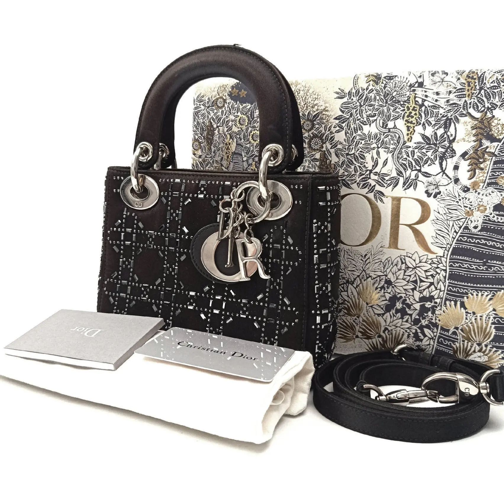 Pre-owned Dior leather Crossbody Bags Satin Crystal Cannage Mini Lady Black JZ00130 Yongzhen