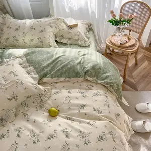 Botanical Floral Queen Duvet Cover Beige Girls Ruffled Bedding Set Cottagecore Flower Comforter Cover Green Reversible Aesthetic Cotton Elegant Style Bed Set