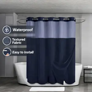 Blue Hookless Shower Curtain with Mesh Top Window, No Hook Waffle Fabric Shower Curtain for Bathroom, Easy Install, Waterproof & Washable, Modern Hotel Style Bathroom Decor, 72x75 Inch