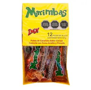 MARIMBAS - Cherry Flavored Lollipop Candy Covered with Spicy and Sour Candy / Pack With 12 Pieces /