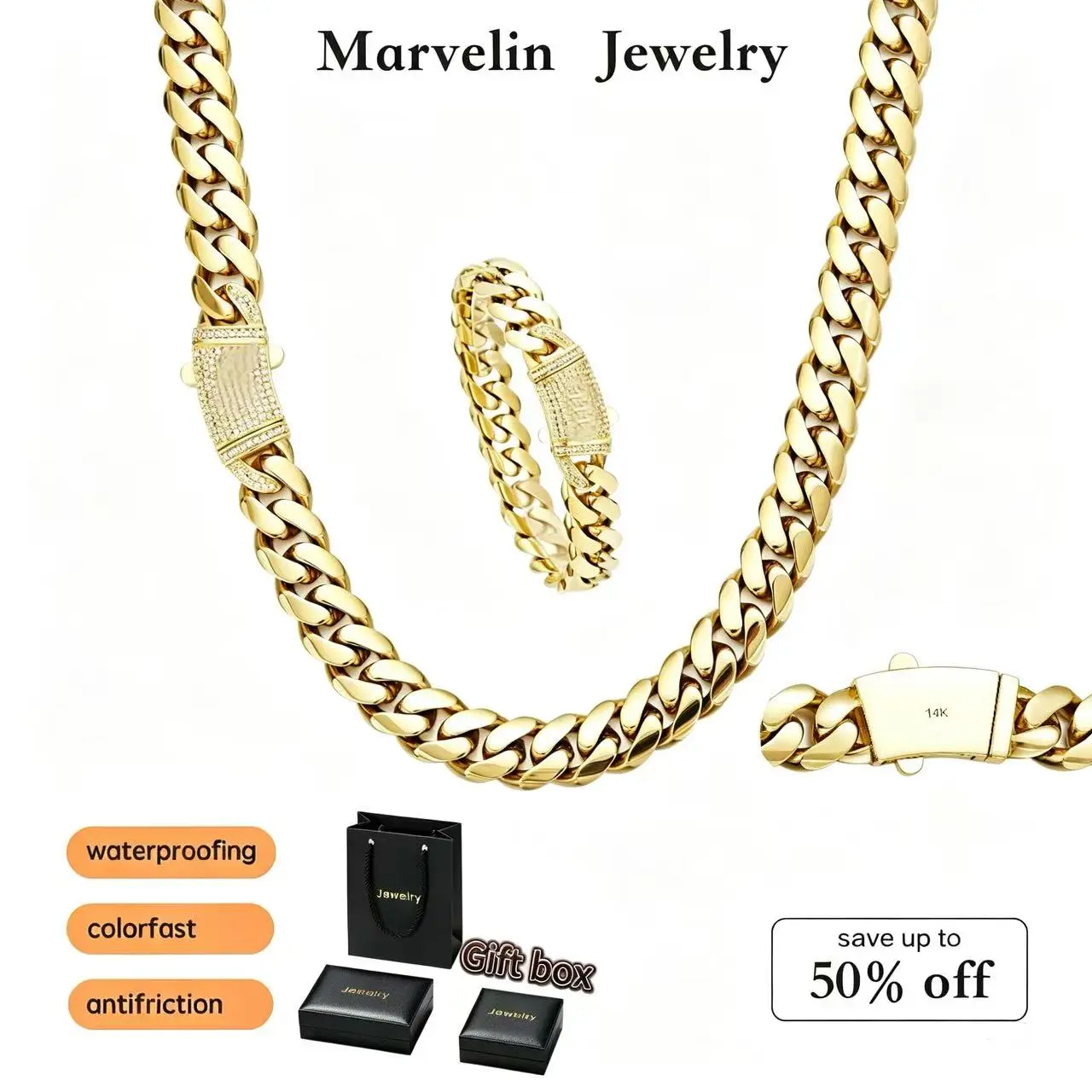 Marvelin Jewelry Set 2pcs  14K gold-plated Cuban necklace and bracelet, new anti-rust technology, comfortable to wear and non-allergic. 6/8/10/12/14 can be selected. Suitable for leisure, business, entertainment and any other occasionsValtentine's Day gif