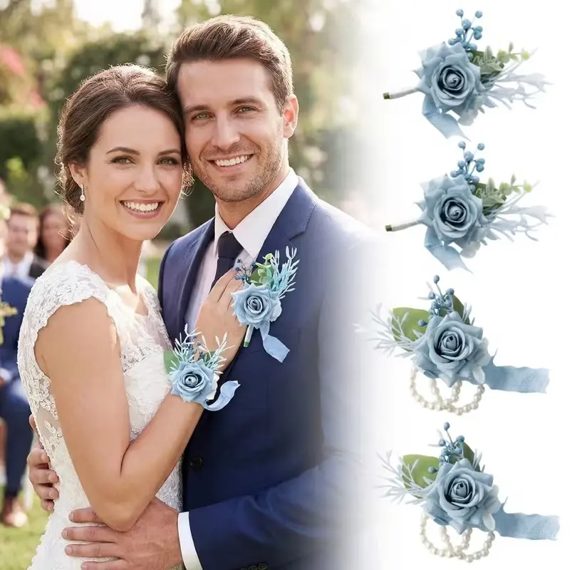 4pcs Wrist Corsage Boutonniere Set Elegant Dusty Blue Corsage and Boutonniere Set for Bridal Shower Wedding Prom Festivals Formal Events Decor