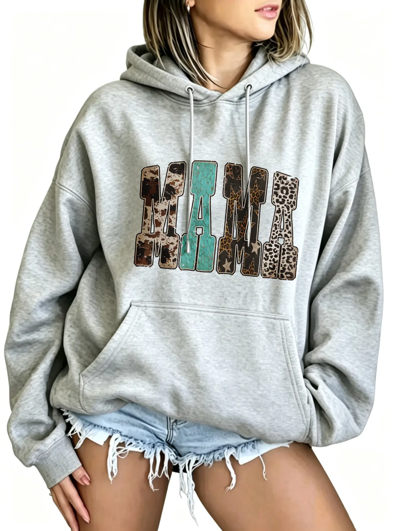 Western Mama Graphic Hoodie Women Country Leopard Cow Print Turquoise Letter Sweatshirt Cute Mama Hooded Pullover Pocket Tops Cozy Loose Oversized Casual Winter Outfits Mother's Day Christmas Gift Idea for Mom Wife New Mom Streetwear
