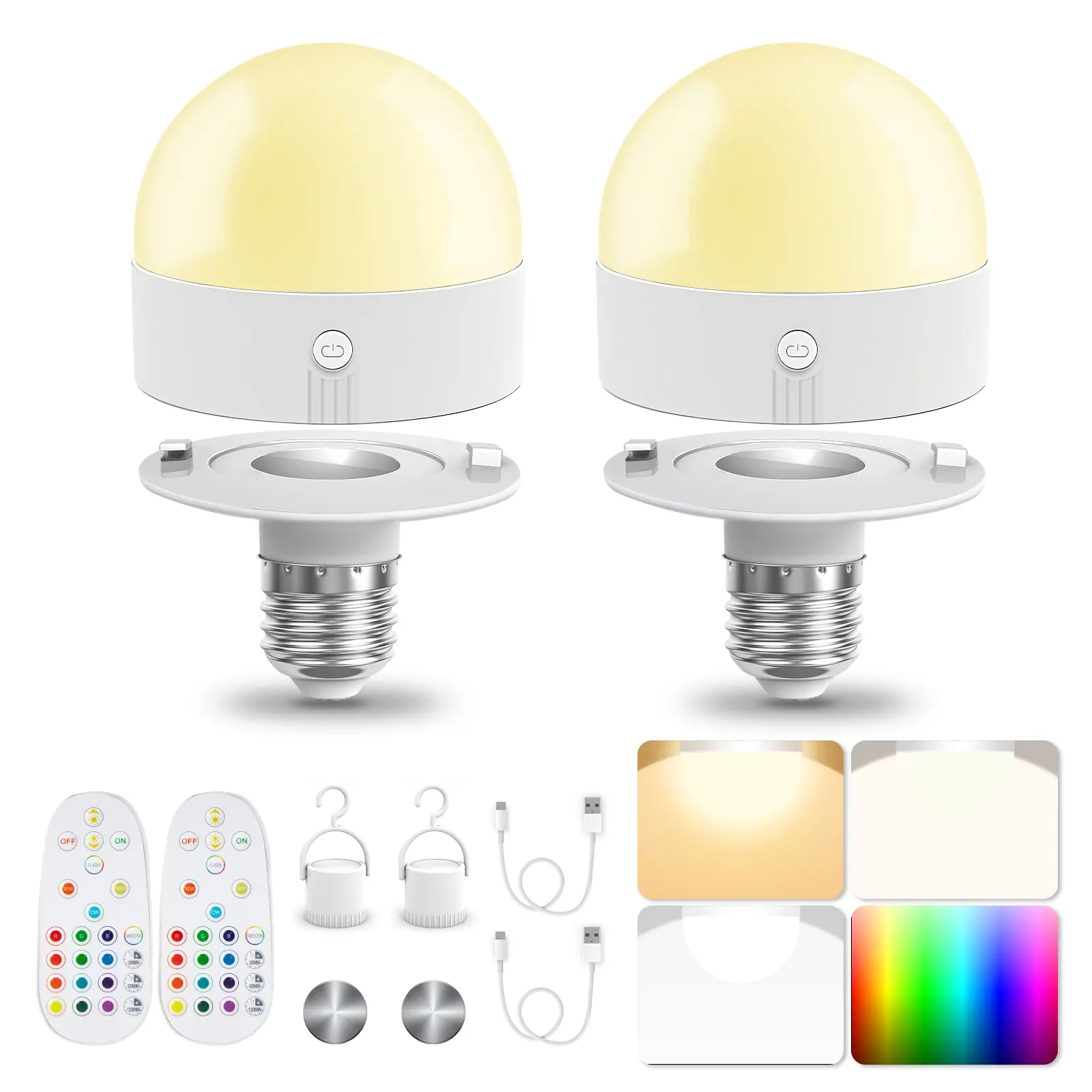 DAYBETTER E26 Rechargeable Light Bulb with Remote & Timer 3 Color Temperatures 12 RGB Colors Dimmable 5W 300 Lumens Type-C USB Charge for Sconces Lamps Magnetic Non-Hardwired Fixture