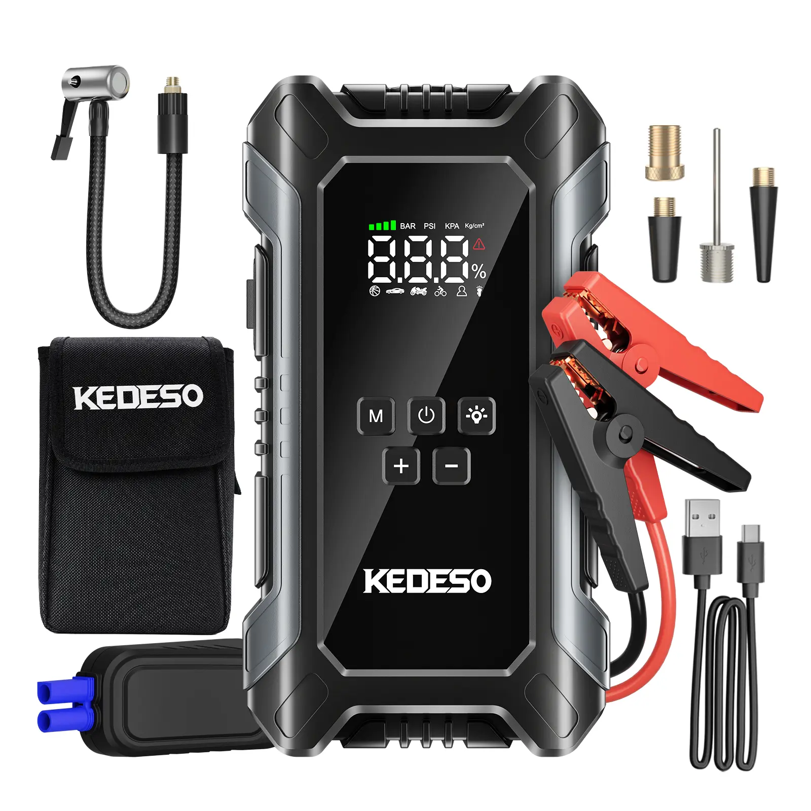 Protable 2000A Peak Jump Starter with Air Compressor, 160PSI Portable Tire Inflator, 16000mAh Power Bank, Car Battery Booster for Up to 8.0L Gas & 6.0L Diesel Engines