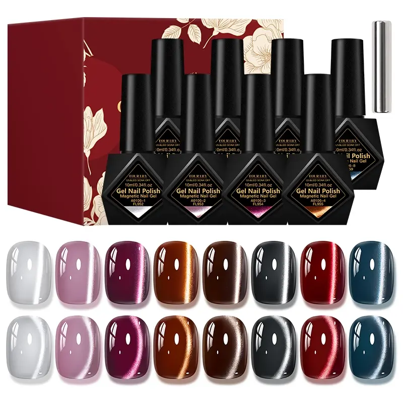 FourLily 9pcs Moonlight Cat Eye Gel Nail Polish, Brilliant Shine Polish, Gel Polish Set, Includes Magnetic Stick, 8 Maillard Colors, Glass Bead Jelly Effect UV/LED Gel Polish, Suitable for Nail Art DIY, Manicure & Salon Use, Ideal Gift for Women
