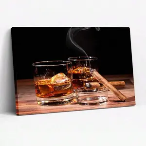 2D Flat Printing, 1pc, Two  Of Whiskey With Ice And On A Wooden Table, Canvas Wall Art For Living Room, Bathroom Wall Art Bedroom Framed Wall Art Poster Art Prints Ready To Hang Pictures Home Decorations Wall Decor For Office