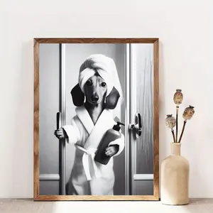 1pc Dachshund in Bathrobe Canvas Art Print - Black and White Frameless Wall Decor for Living Room, Bedroom, or Home Office - Humorous Dog in Design, Perfect for Spring and Summer, Dachshund Decor