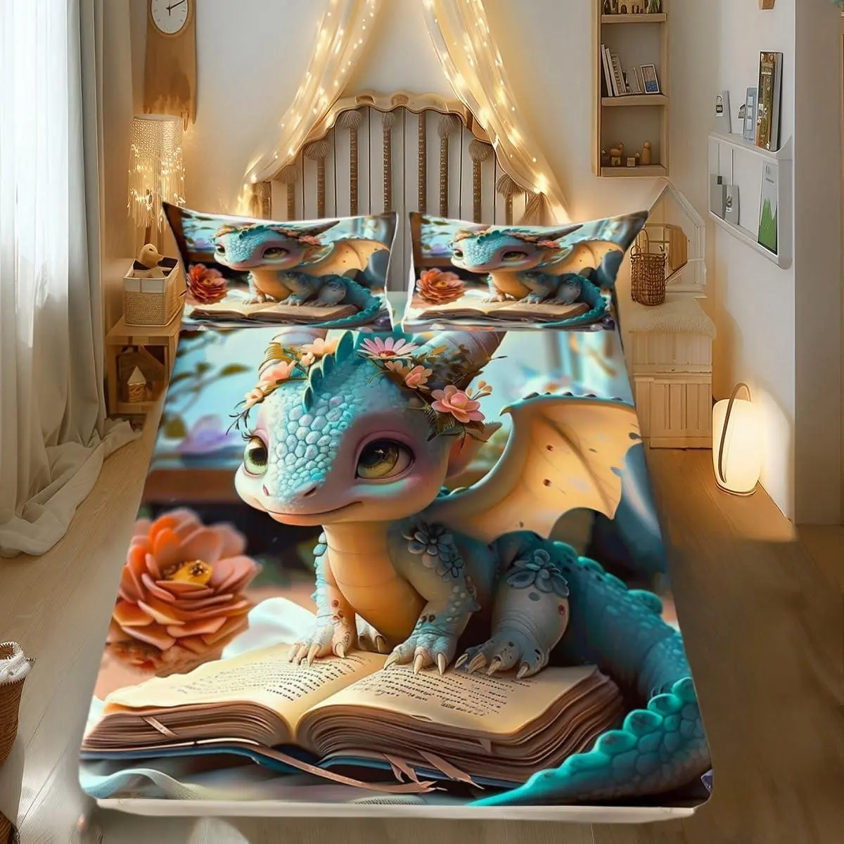 Cartoon Dragon Fitted Sheet Kids Fantasy Western Animal Bedding Set for Teens Wild Daisy Flower Bed Sheet Set,Cute Dragons Bed Cover Room Decor