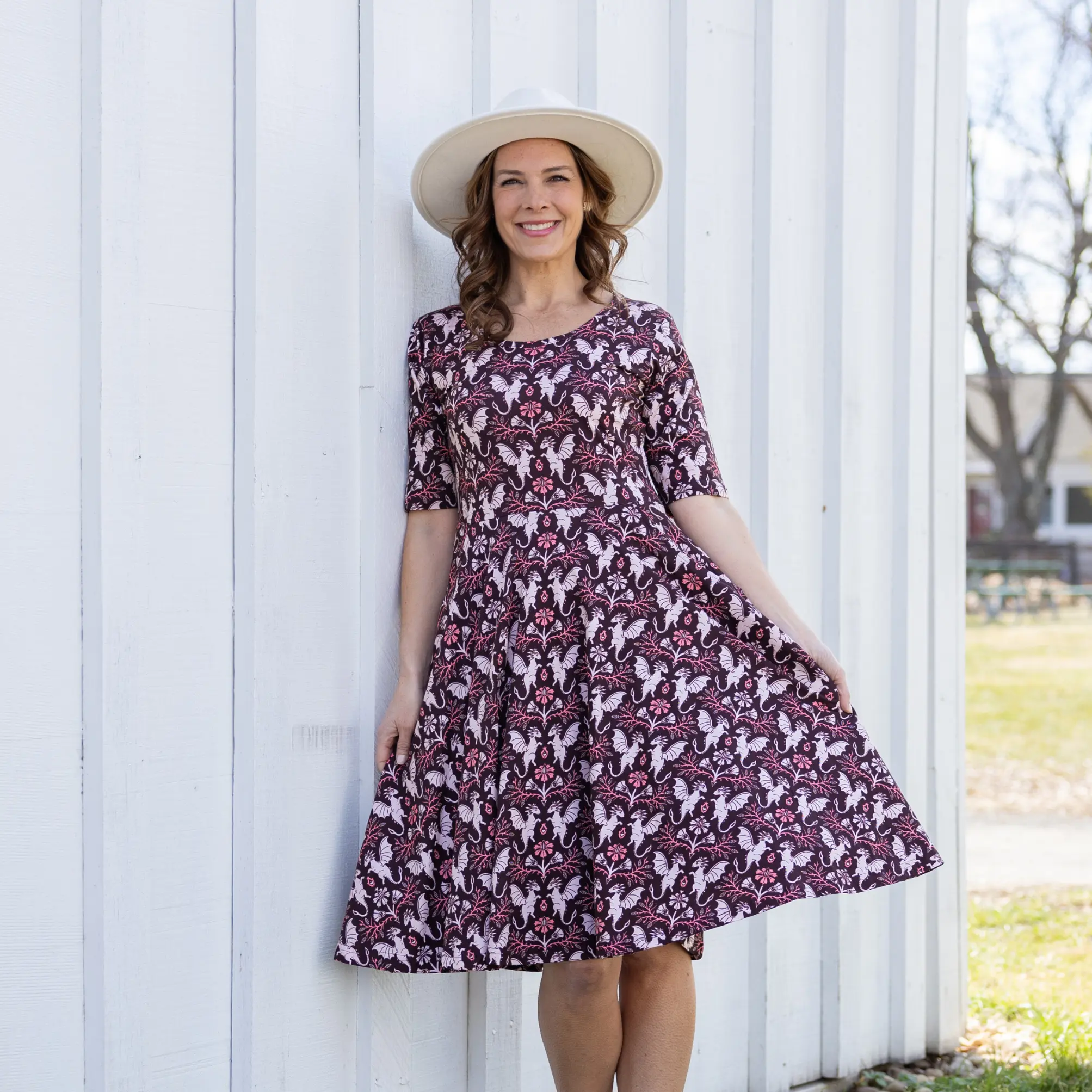 Dragons Damask Ruby Twirl Dress with Pockets