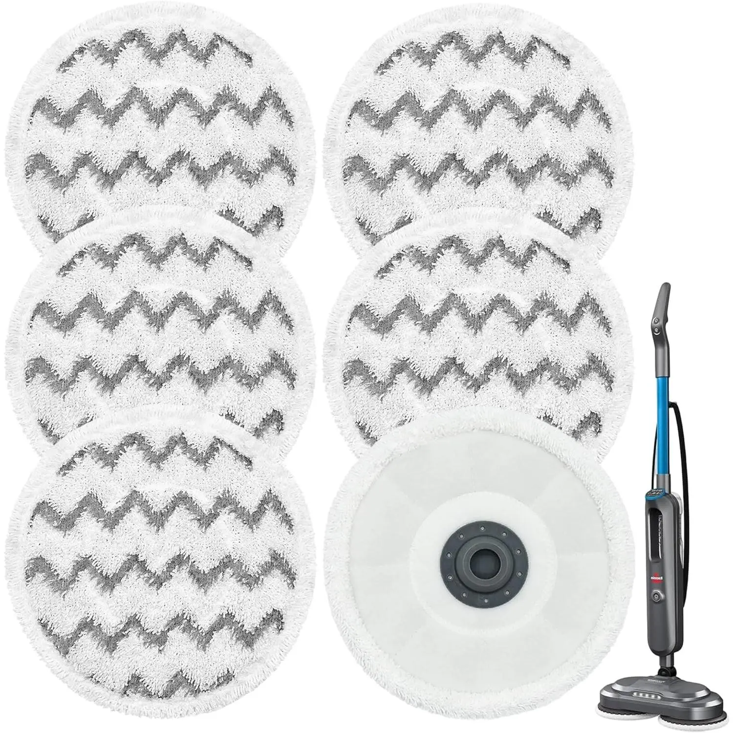 Bissell SpinWave Steam Scrub Electric Mop Pads - 6-Pack Round Gray Premium Thick Fabric, Reusable, Water Absorbent, Removable & Washable 8.3x8.3in Household Cleaning Daily Backup Accessory
