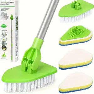 2-In-1 Extendable Shower Brush Set, Long Handle Bath & Tile Floor Cleaner, Scrubber, Includes 3 Sponge Heads & 1 Hard Bristle Head