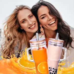 Glass Cups with Bamboo Lids and Straws,24oz Tumbler with Handle,  2 Pack Mason Jar with Lid and Straw-Wide Mouth Reusable Drinking Glasses,Boba Cup Smoothie Tumbler Iced Coffee Cup Travel Mug, Summer