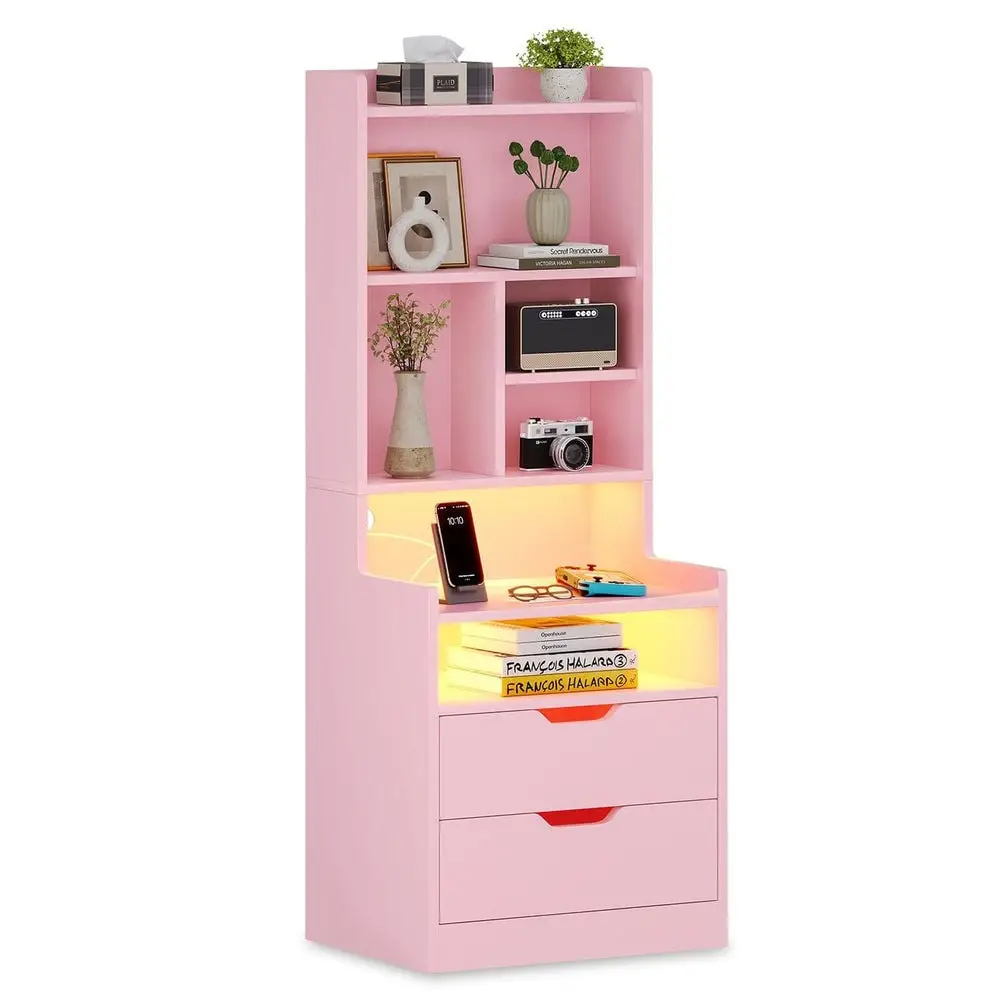 Sikaic LED Tall Nightstand with Bookshelf Charging Station Pink Modern Bedside Table with 2 Storage Drawers and Open Storage Space night light gift fo