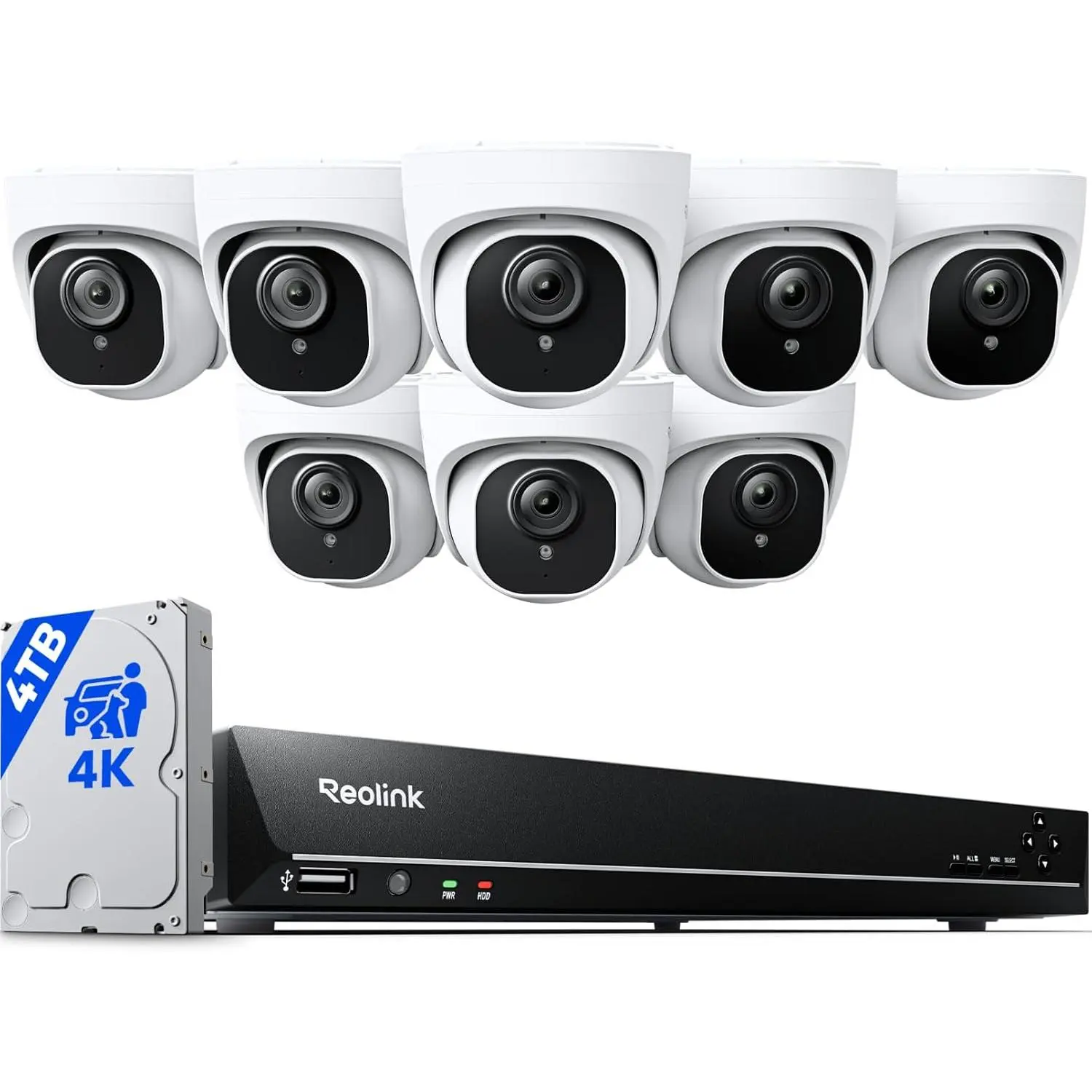 REOLINK 16CH 4K Security Dome Camera System with 4TB HDD RLK16-800D8 | 8pcs 8MP PoE Cameras, Smart Person/Vehicle Detection, 16CH NVR, H.265, 24/7 Recording, High Bitrate & Clear Stream