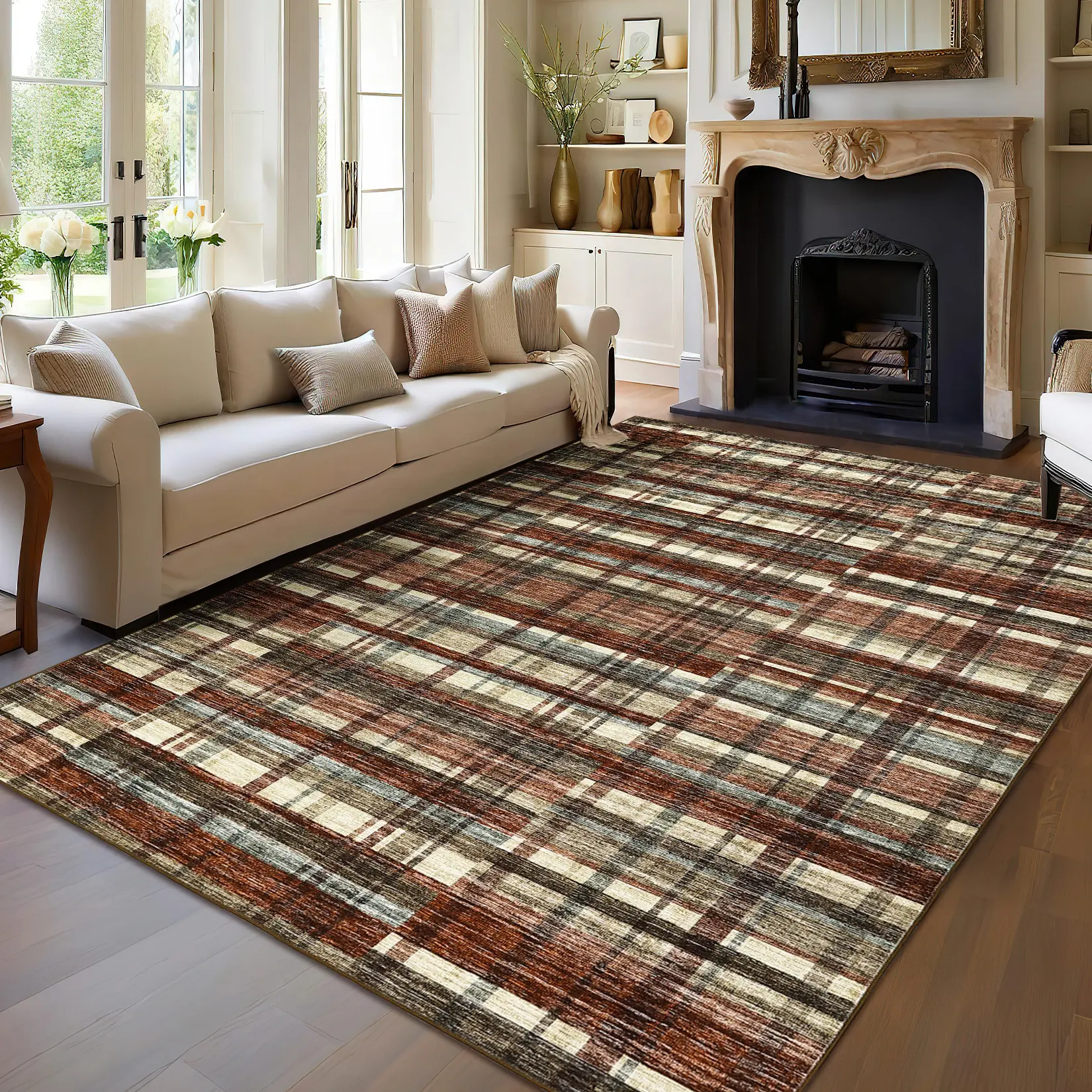 Geometric Plaid Rug Washable Living Room Carpet Modern Printed Rug Anti-fouling Non-slip Soft Thin Carpet for Bedroom Office Farmhouse Tiktok Rug