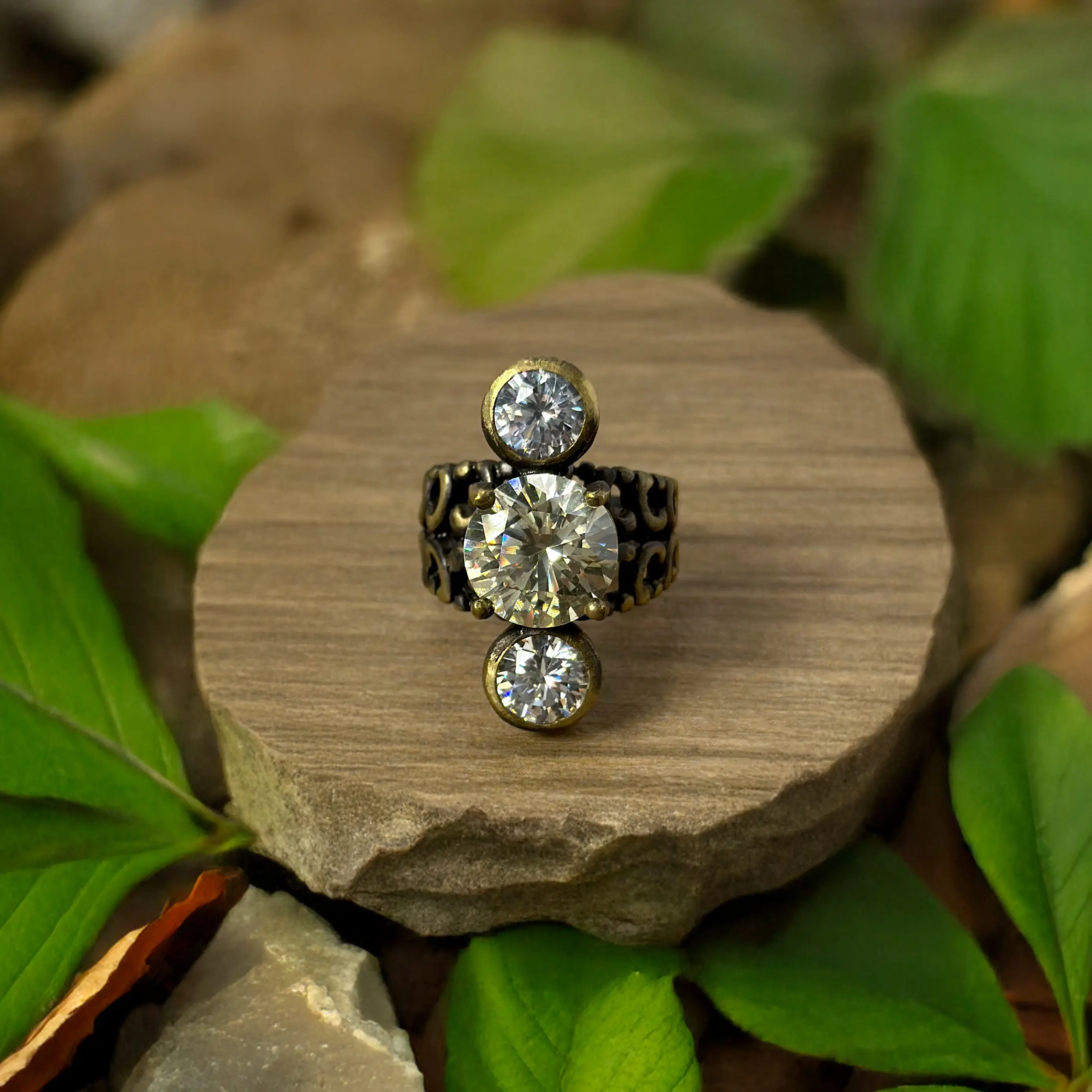Vintage Crystal Statement Ring In Antique Gold, Nature Inspired Jewelry