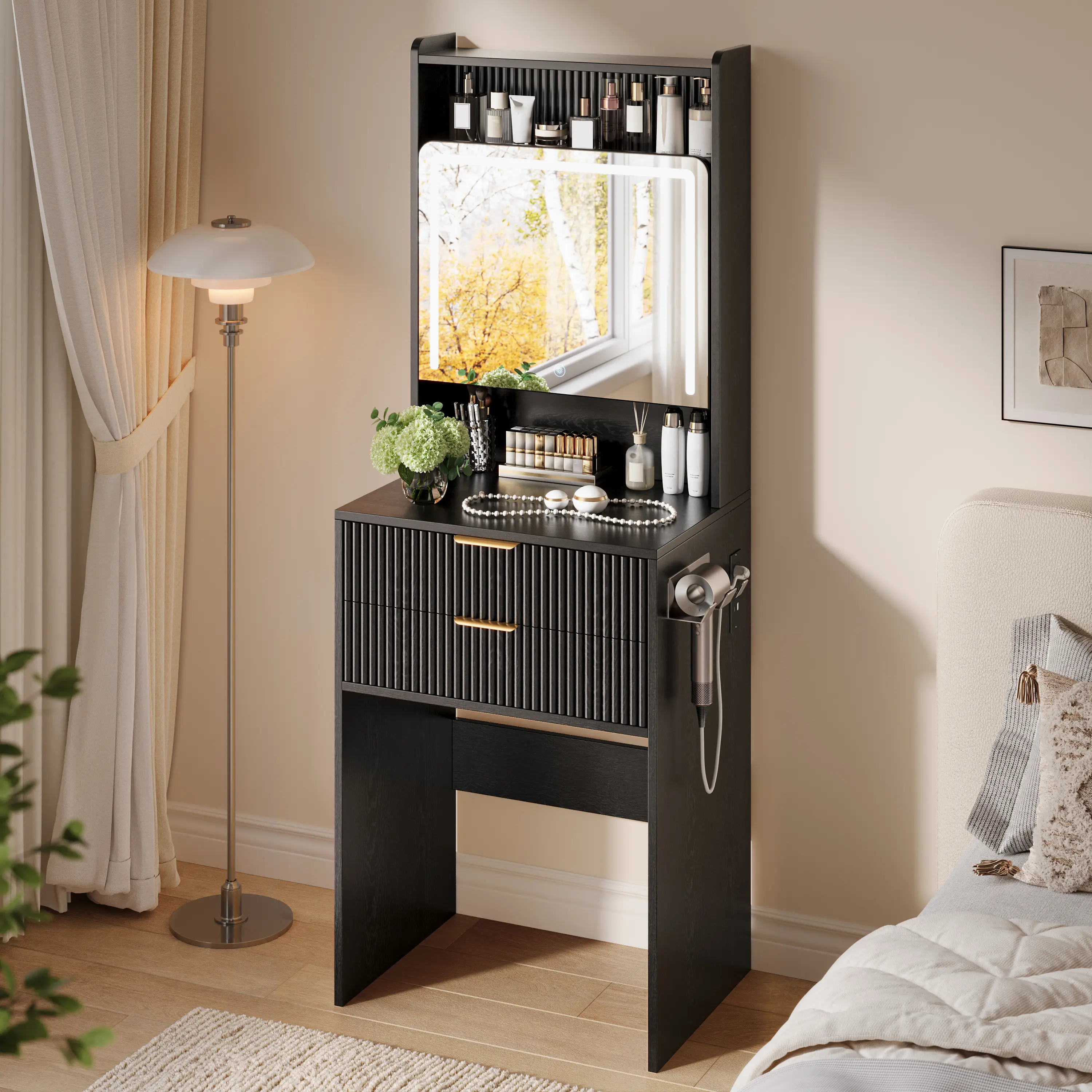 TOKSOM 3 in 1 Vanity,Wood Small Vanity Desk with Mirror and Lights,Make up Vanity with Drawers and Storage,Modern Dressers for Bedroom,Black,21.6x15.7x59.5 in teen gift girl rooms furniture large vanity table mid century coffee table vanity set