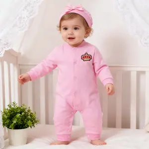 Baby Spring Autumn Clothes Pink Long Sleeve Cute Crown Sticker Romper Bodysuit