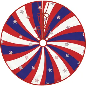 4th of July Patriotic 48 Inch Tree Skirt Red Blue White Stripe Independence Day Holiday Decoration for Summer Christmas Tree