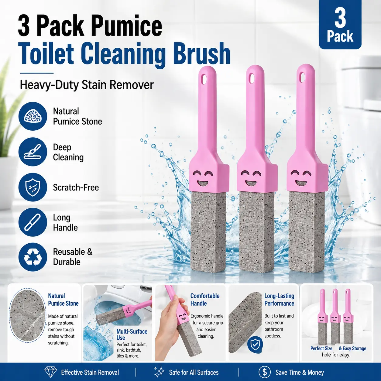 3Pcs Pumice Stone Toilet Bowl Cleaner, Long Handle Stain Scrubber for Hard Water Rings, Calcium Buildup, Bathroom, Bathtub & Pool Tile